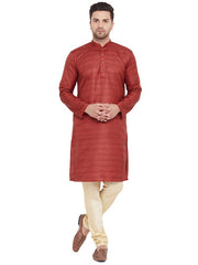 VM by Vastramay Men's Maroon And Gold Silk Blend Kurta Pyjama Set