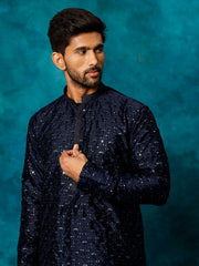 VM Men's Navy Blue Silk Blend Kurta Pyjama Set