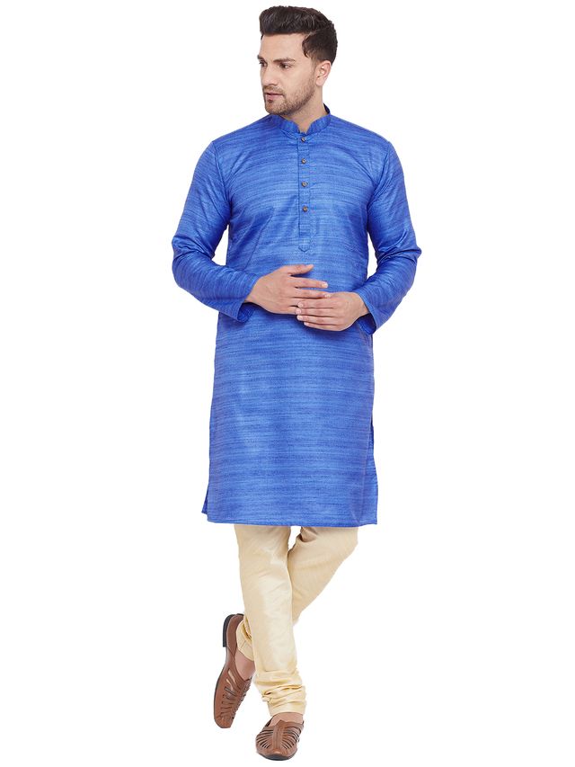 VM by Vastramay Men's Blue And Gold Silk Blend Kurta Pyjama Set