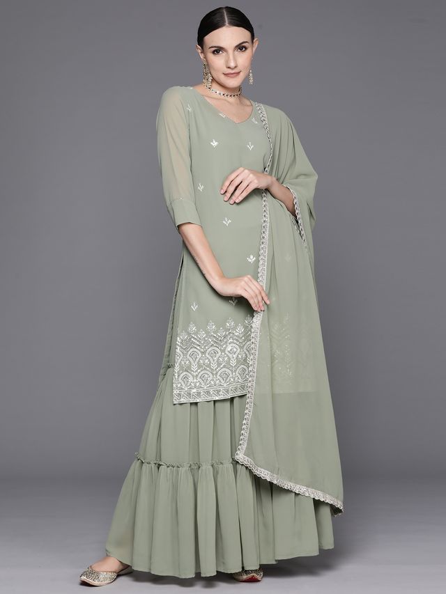 Indo Era Sea Green Embroidered Straight Kurta Sharara With Dupatta Set