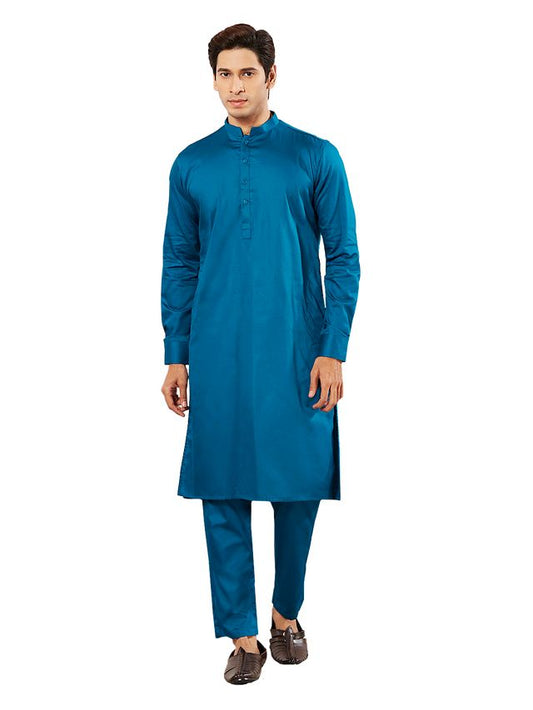 VASTRAMAY Men's Blue Cotton Blend Kurta Pyjama Set