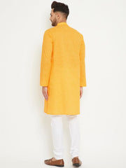 VM by Vastramay Men's Yellow And White Cotton Blend Kurta Pyjama Set