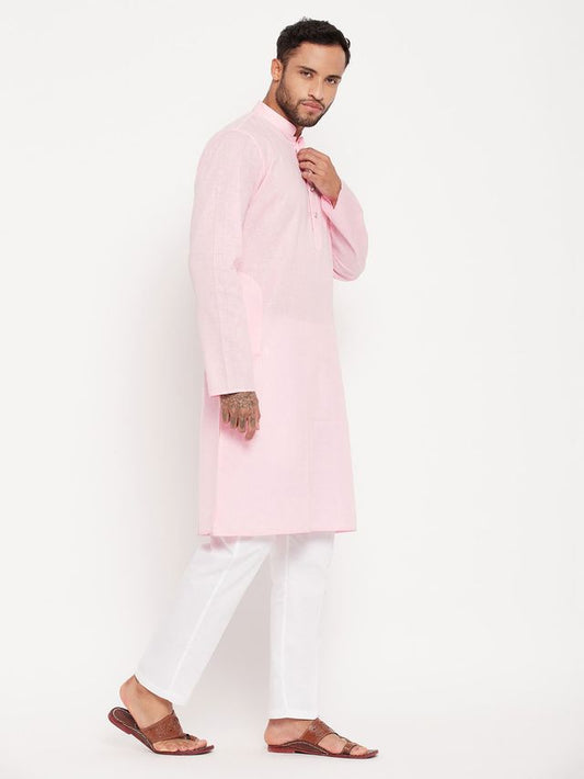 VM Men's Pink And White Cotton Kurta Pyjama Set