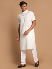 VM by Vastramay Men's Cream And White Cotton Blend Kurta Pyjama Set