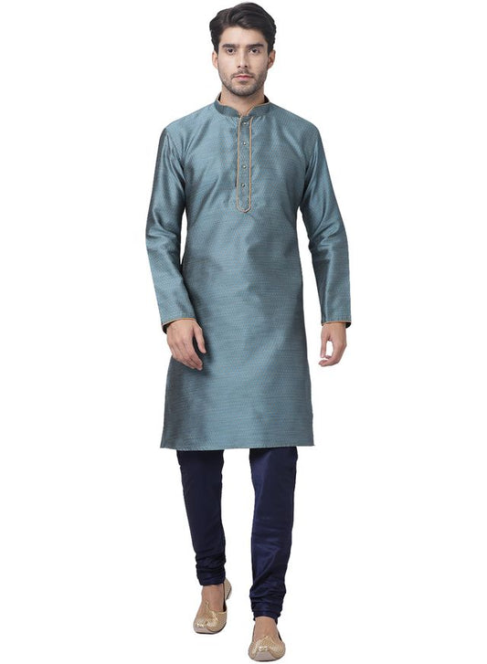 VASTRAMAY Men's Aqua Cotton Silk Blend Kurta and Pyjama Set