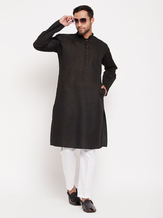 VM Men's Black And White Cotton Kurta Pyjama Set