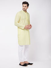 Vastramay Men's Yellow And White Pure Cotton Kurta Pyjama Set