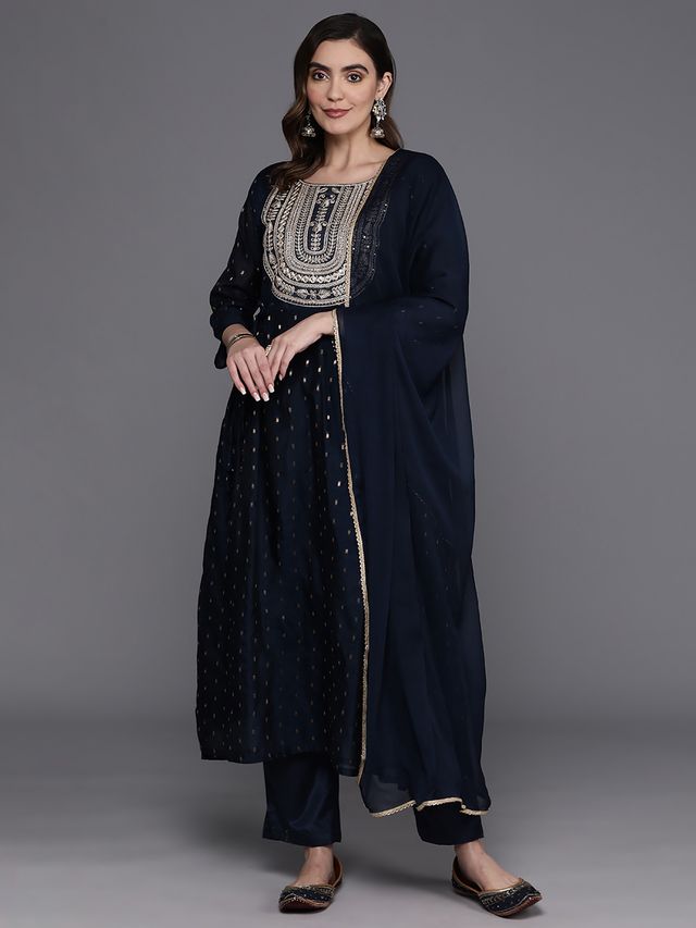 Indo Era Navy Blue Embroidered A-Line Kurta Trousers With Dupatta Set