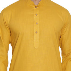 Vastramay Men's Yellow Cotton Linen Blend Kurta Pyjama Set