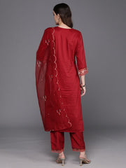 Indo Era Maroon Embroidered Straight Kurta Trousers With Dupatta Set