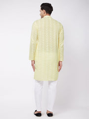 Vastramay Men's Yellow And White Pure Cotton Kurta Pyjama Set