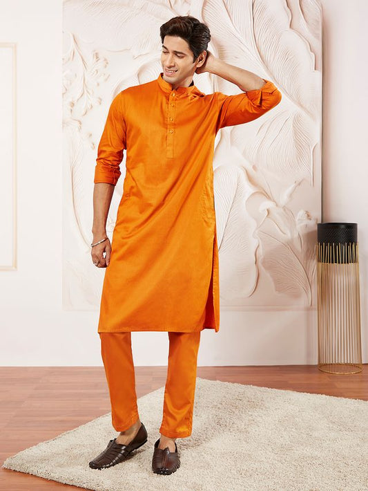 VASTRAMAY Men's Orange Cotton Blend Kurta Pyjama Set