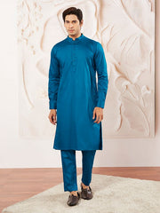 VASTRAMAY Men's Blue Cotton Blend Kurta Pyjama Set