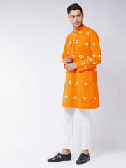 Vastramay Men's Orange And White Pure Cotton Kurta Pyjama Set