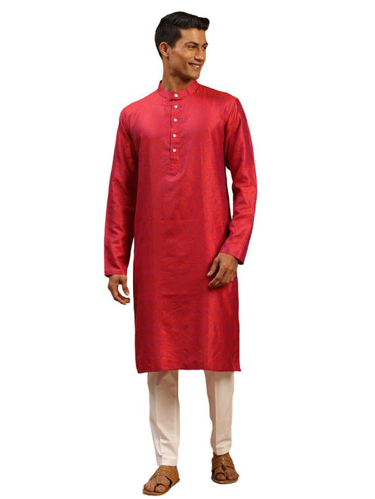 Vastramay Men's Red Silk Blend Kurta & Pyjama