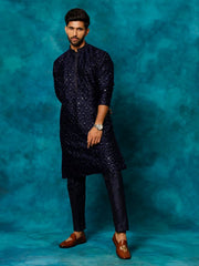 VM Men's Navy Blue Silk Blend Kurta Pyjama Set