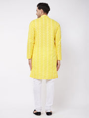 Vastramay Men's Mustard And White Pure Cotton Kurta Pyjama Set