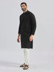 VASTRAMAY Men's Black And White Rayon Cotton Kurta Pyjama Set