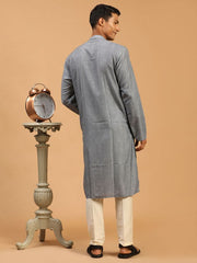 Vastramay Men's Grey And Cream Cotton Blend Kurta Pyjama Set