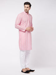 Vastramay Men's Pink And White Pure Cotton Kurta Pyjama Set