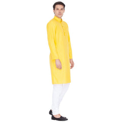 Vastramay Men's Yellow Cotton Linen Blend Kurta Pyjama Set