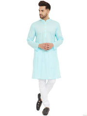 VM by Vastramay Men's Aqua Blue And White Cotton Kurta Pyjama Set