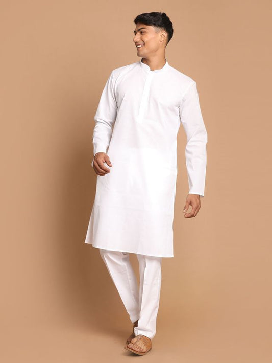 VM Men's White Cotton Blend Kurta Pyjama Set