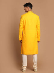 Vastramay Men's Yellow And Cream Cotton Blend Kurta Pyjama Set