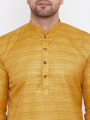 VM by Vastramay Men's Mustard And Black Silk Blend Kurta Pyjama Set