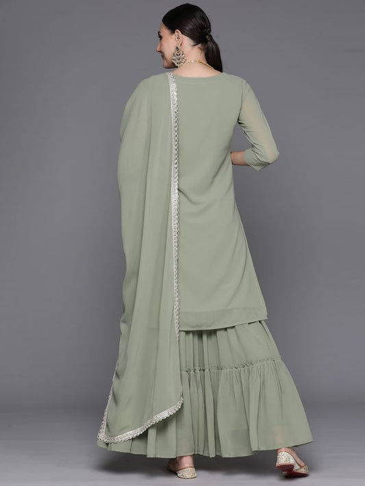 Indo Era Sea Green Embroidered Straight Kurta Sharara With Dupatta Set