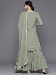 Indo Era Sea Green Embroidered Straight Kurta Sharara With Dupatta Set