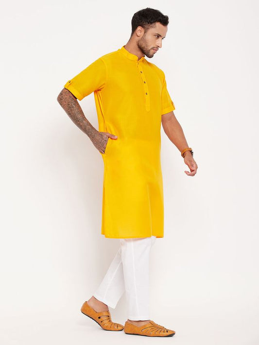 VM Men's Mustard And White Cotton Kurta Pyjama Set