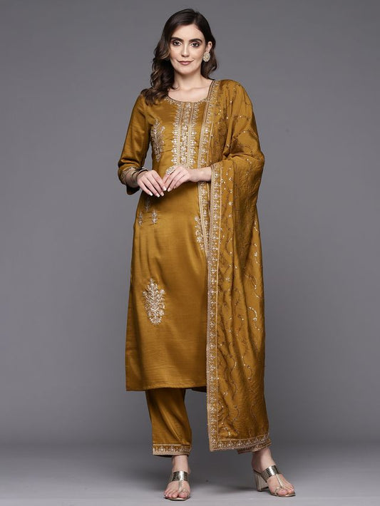 Indo Era Mustard Embroidered Straight Kurta Trousers With Dupatta Set