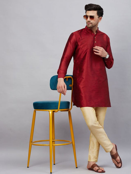 VM Men's Maroon And Gold Cotton Blend Kurta Pyjama Set