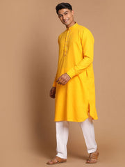 Vastramay Men's Yellow And White Cotton Blend Kurta Pyjama Set