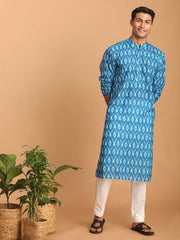 Vastramay Men's Turquoise Cotton Blend Kurta Pyjama Set