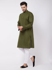 Vastramay Men's Green And White Cotton Linen Kurta Pyjama Set