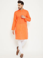 VM by Vastramay Men's Orange And White Cotton Blend Kurta Pyjama Set