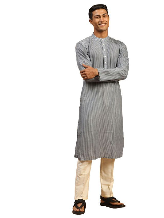 Vastramay Men's Grey And Cream Cotton Blend Kurta Pyjama Set