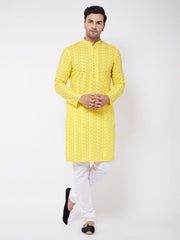 Vastramay Men's Mustard And White Pure Cotton Kurta Pyjama Set