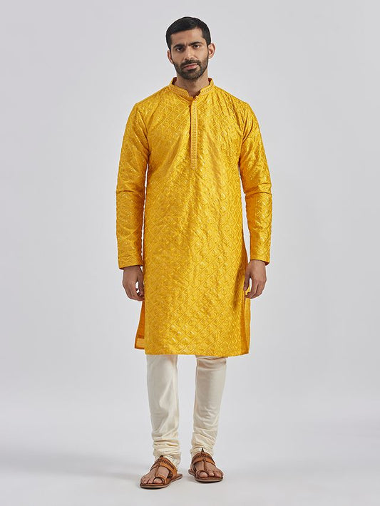 VASTRAMAY Men's Yellow And Cream Silk Blend Kurta Pyjama Set