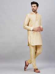 VM Men's Gold And Gold Cotton Blend Kurta Pyjama Set