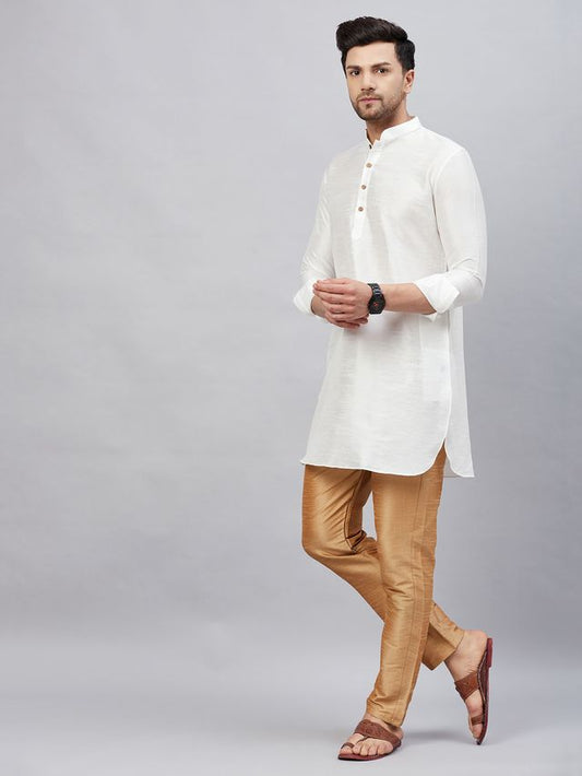 VM Men's White And Rose Gold Cotton Blend Kurta Pyjama Set