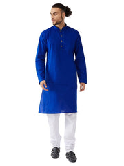 Vastramay Men's Blue And White Cotton Linen Kurta Pyjama Set