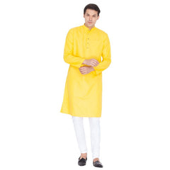 Vastramay Men's Yellow Cotton Linen Blend Kurta Pyjama Set