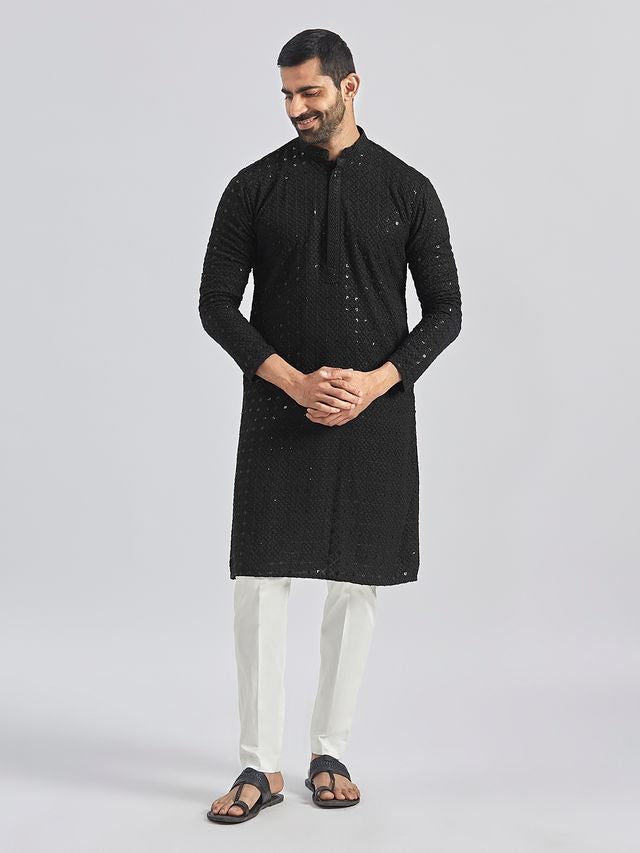 VASTRAMAY Men's Black And White Rayon Cotton Kurta Pyjama Set