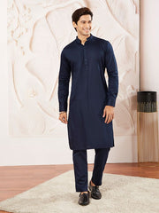 VASTRAMAY Men's Navy Blue Cotton Blend Kurta Pyjama Set