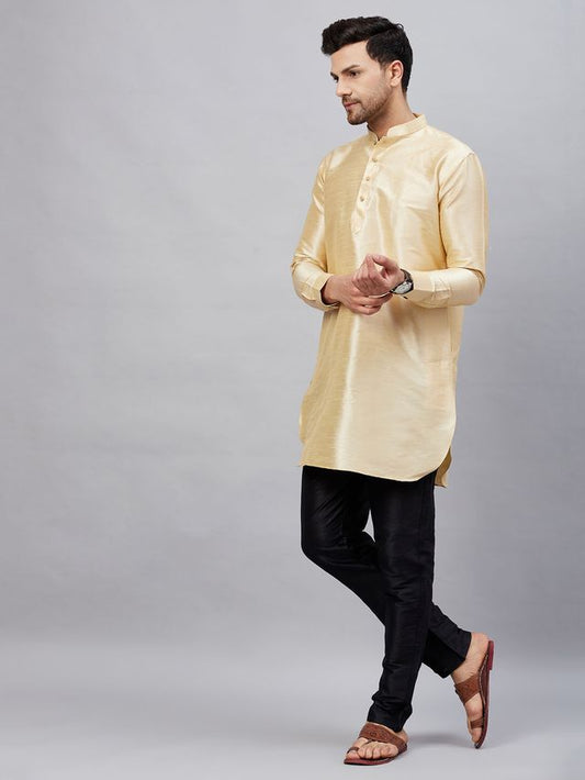 VM Men's Gold And Black Cotton Blend Kurta Pyjama Set