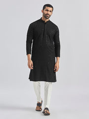 VASTRAMAY Men's Black And White Rayon Cotton Kurta Pyjama Set