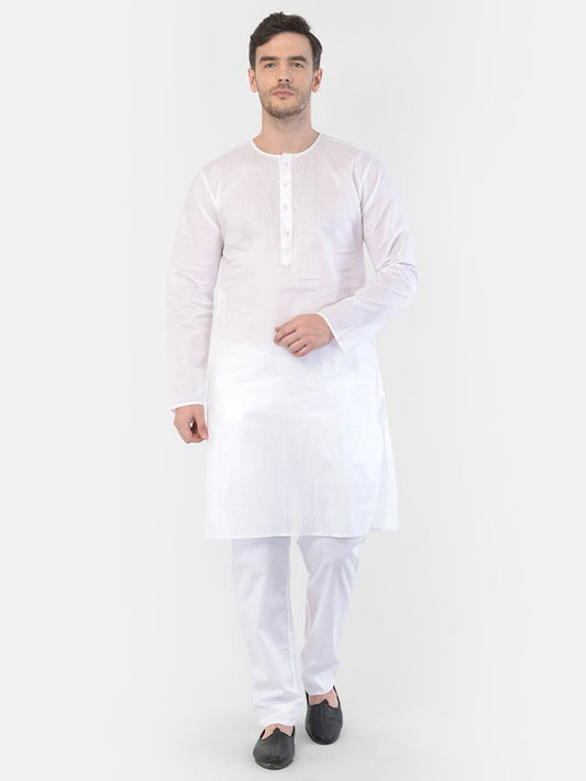 Vastramay Men's White Cotton Addi Kurta Pyjama Set